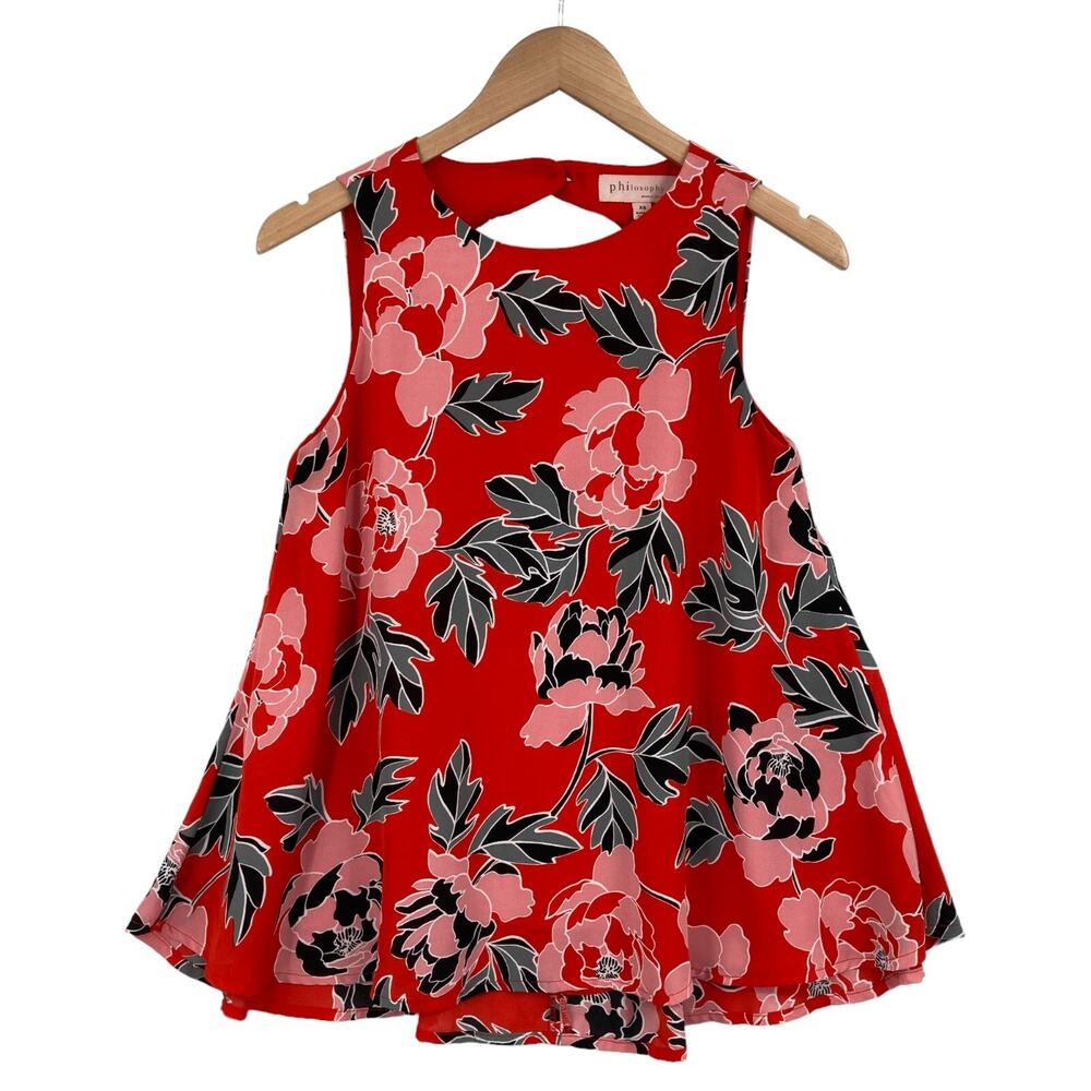 Philosophy Blouse Womens XS Red Floral Lined Round Neck Sleeveless Back Keyhole